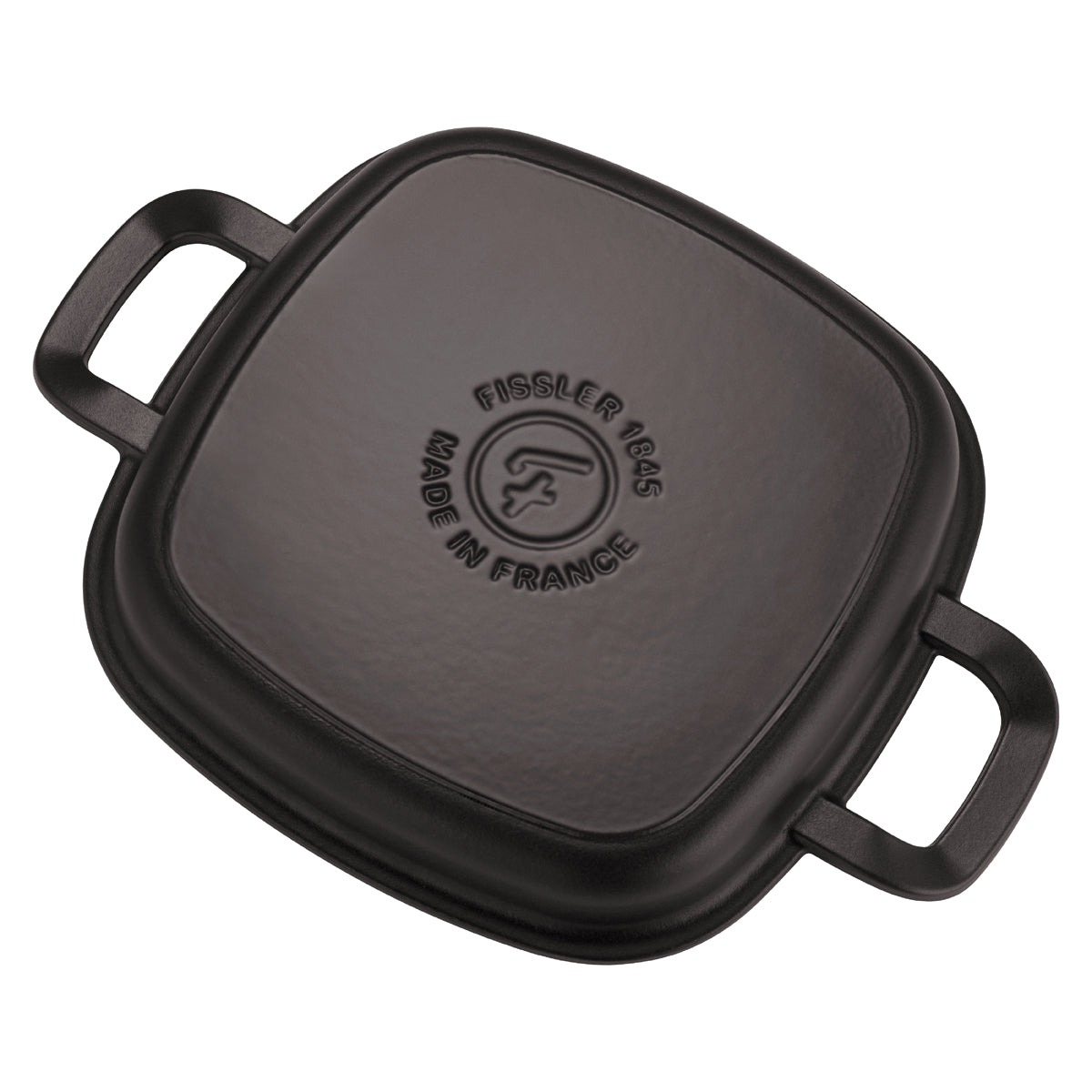 Quadratischer, schwarzer gusseiserner Fissler-Deckel mit zwei Griffen und geprägtem Branding, passend zur Profi-Qualität Grillpfanne 26x26cm.