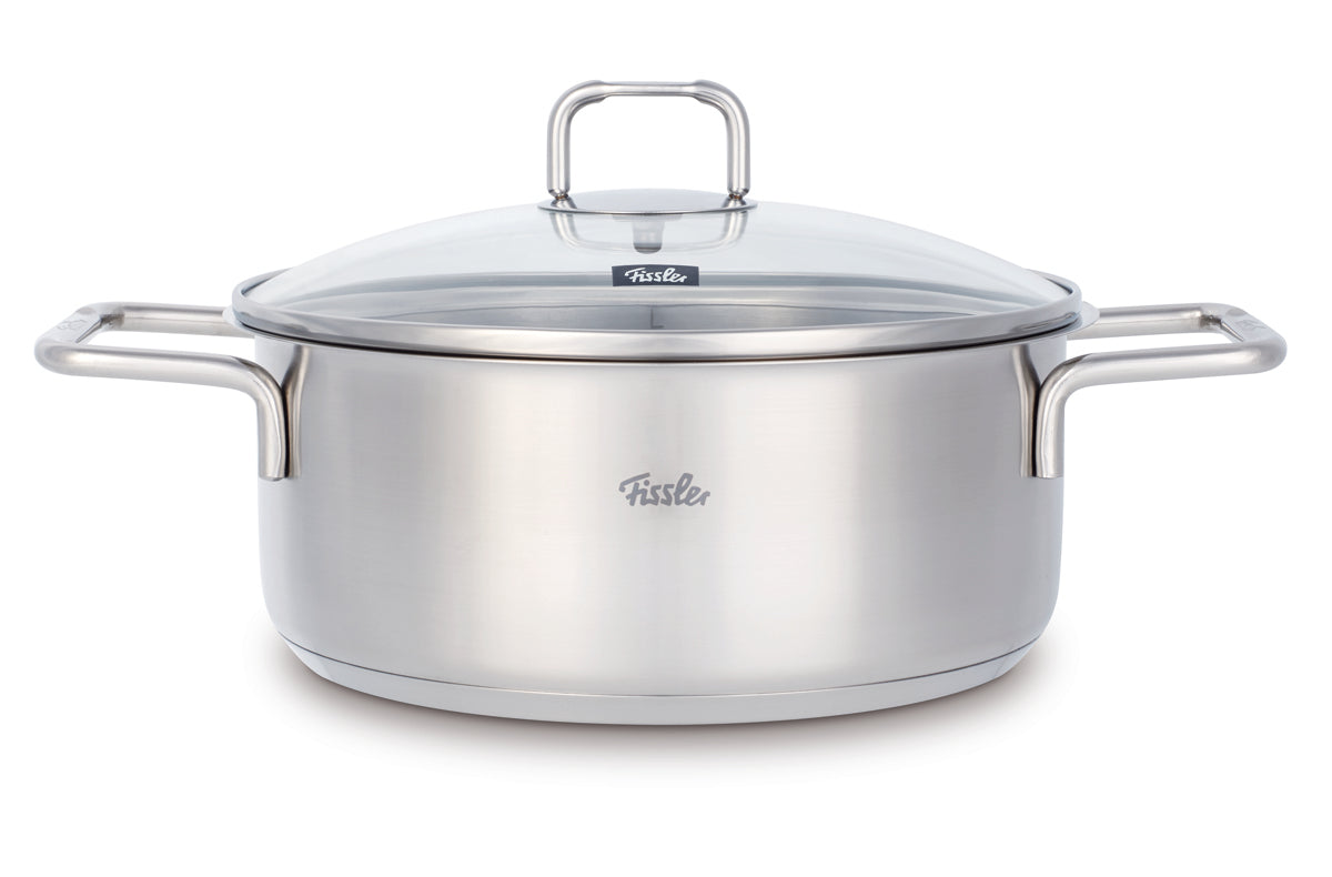 Fissler SatiTherm 5-pc. Pot Set: Stainless Steel, Glass Lids, Two Handles, Fissler Logo - Durable, Induction Compatible, Made in Germany.