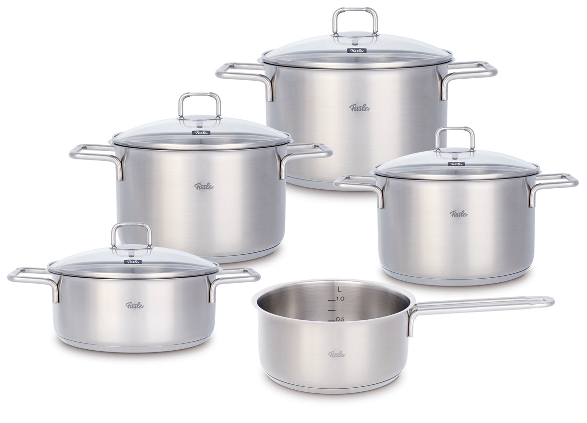 Fissler SatiTherm 5-tlg. Topfset aus Edelstahl: moderne Kochtöpfe & Pfannen mit Glasdeckel, für Induktion, Made in Germany.