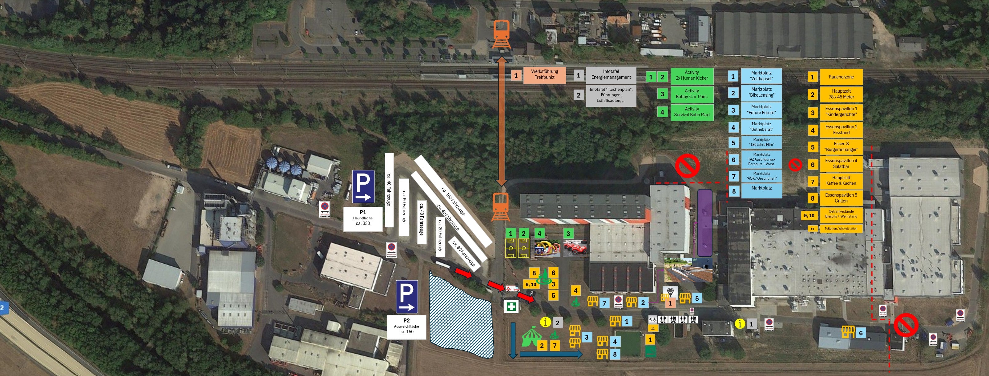 An aerial map, crafted with German precision, displays hospital zones, color-coded pathways, and entrances – timelessly clear in design.