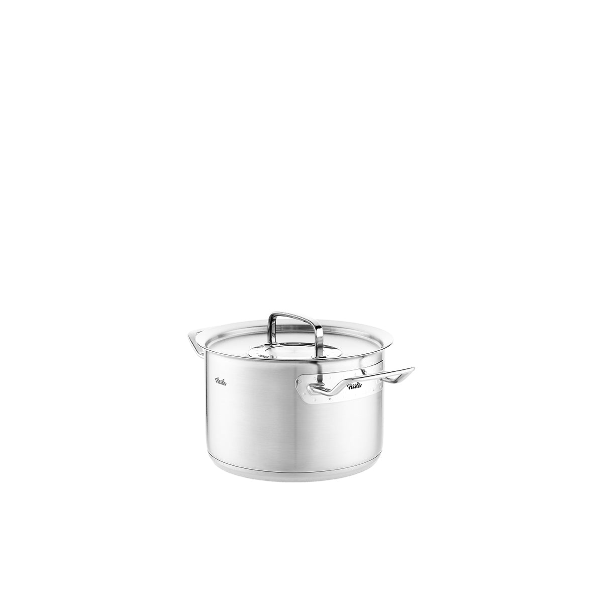 Fissler Original-Profi Collection® 4-piece stainless steel pot set with lids and double handles, precision-made in Germany, on a white background.