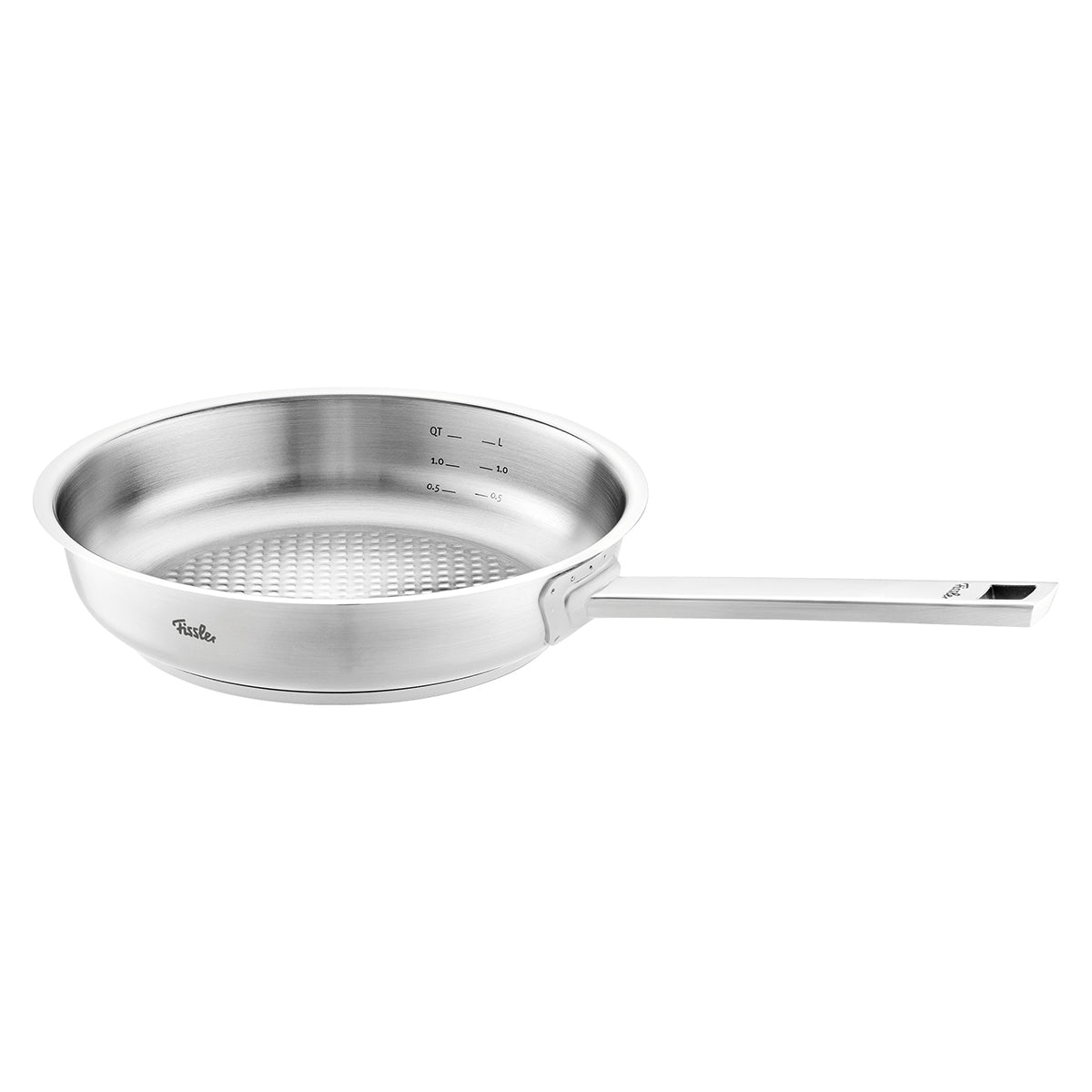 Fissler Original-Profi Collection® 4-piece stainless steel pot set, precision-made in Germany, on a white background.