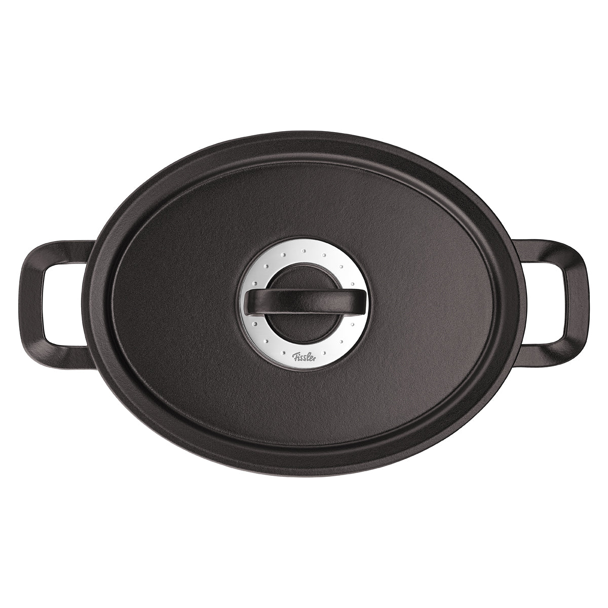 Draufsicht auf den schwarzen Gusseisen-Bräter der Fissler Original-Profi Collection® mit zwei ergonomischen Griffen und einem eleganten zentralen Metallknopf.
