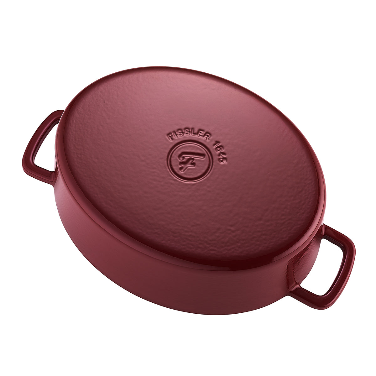 Fissler Moments Collection kastanienbraune ovale Gusseisen-Kasserolle mit Deckel, zwei Griffen und geprägtem Logo - modernes, langlebiges deutsches Design.