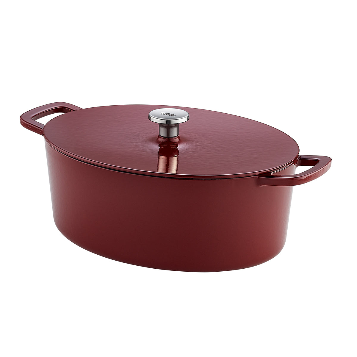 Fissler Moments Collection Gusseisen Bräter: roter, ovaler Dutch Oven mit Deckel und Silberknauf. Präzisionsarbeit für effizientes Kochen.