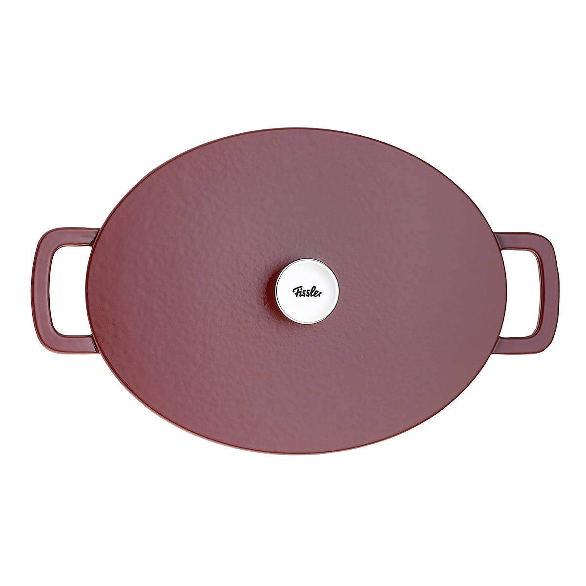 Fissler Moments Gusseisen Bräter in kastanienbraun, oval mit schlanken Griffen und einem silbernen Knopf - deutsches Design für energieeffizientes Kochen.