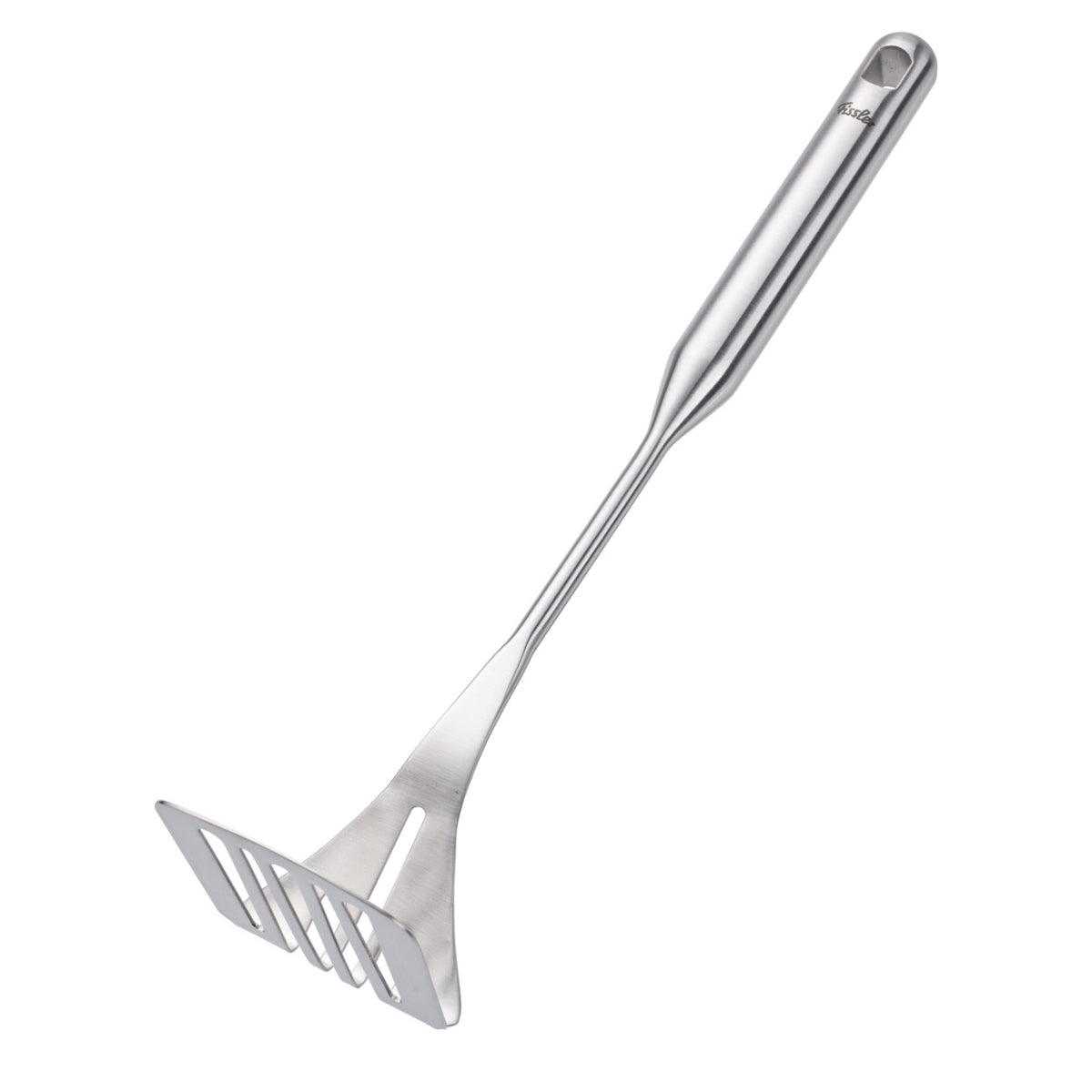 Fissler Essential® Potato Masher - Premium Stainless Steel Masher with Ergonomic Handle, Innovative Slotted Plate, on White Background.