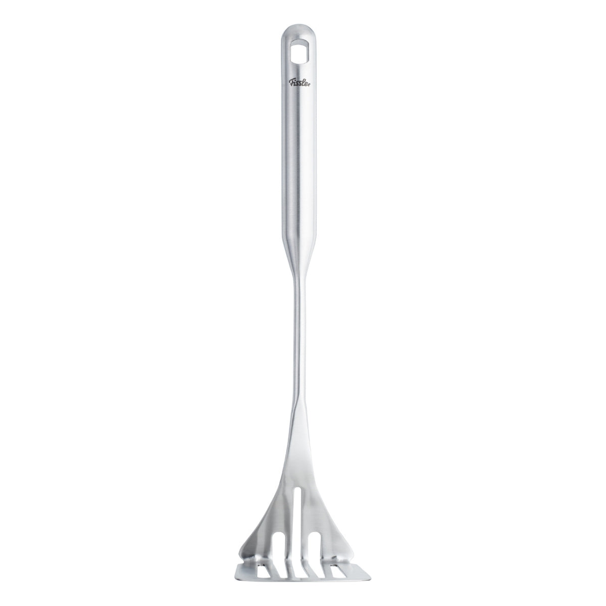 Fissler Essential® Potato Masher - Premium Stainless Steel, Ergonomic Handle, Slim Slotted Base. Modern German Design in White.