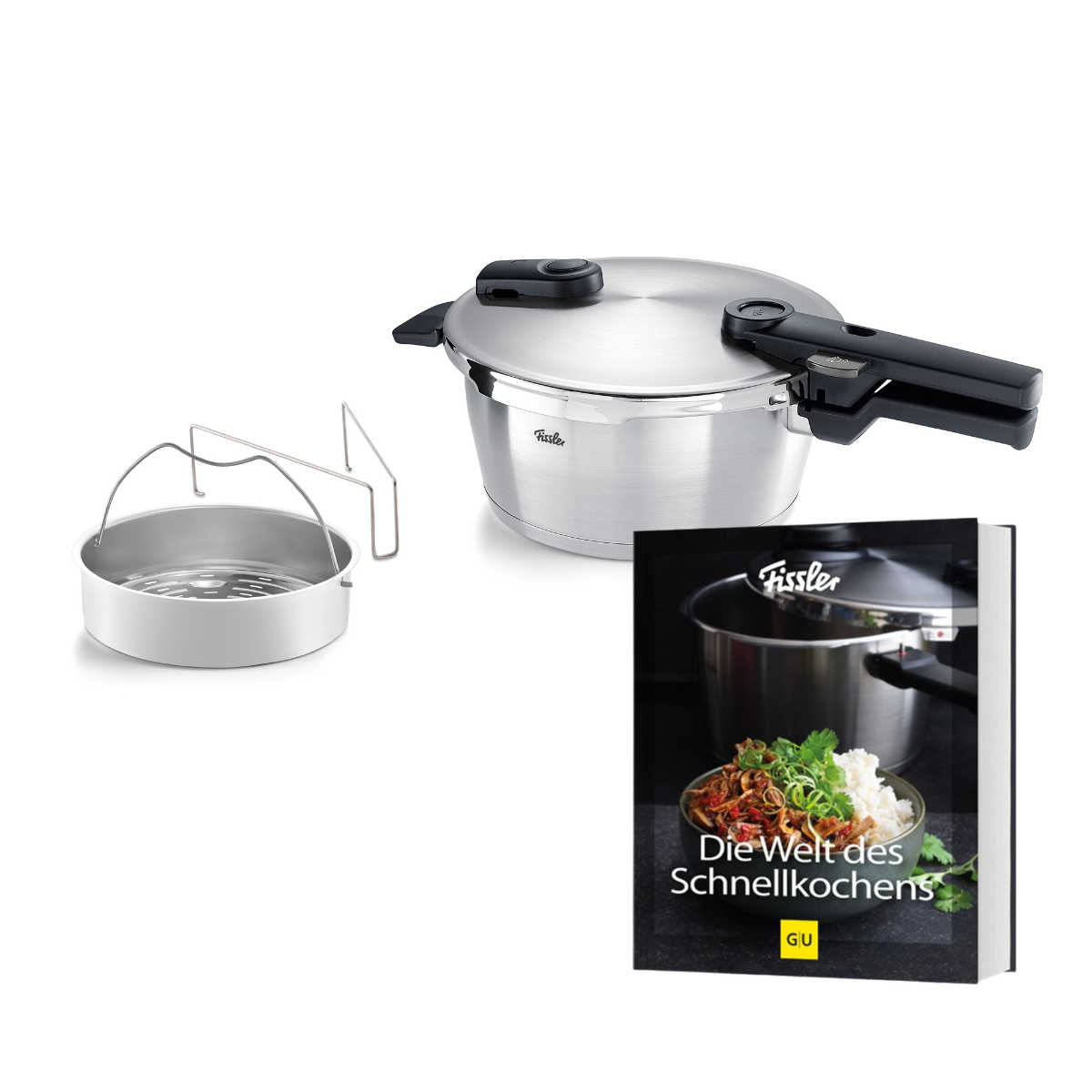 Das 2-teilige Vitaquick® Premium-Set mit SKT-Buch von Fissler, einem 1845 gegründeten Unternehmen, das für präzisionsgefertigtes Kochgeschirr „Made in Germany“ bekannt ist, umfasst einen hochwertigen Edelstahl-Schnellkochtopf mit einem strapazierfähigen schwarzen Griff, einem robusten Metallrost, einem Dämpfeinsatz sowie das deutschsprachige „Die Welt des Schnellkochens“ – auf dessen Cover ein angerichtetes Gericht abgebildet ist. Dieses Premium-Schnellkochtopf-Set verkörpert Fisslers Engagement für