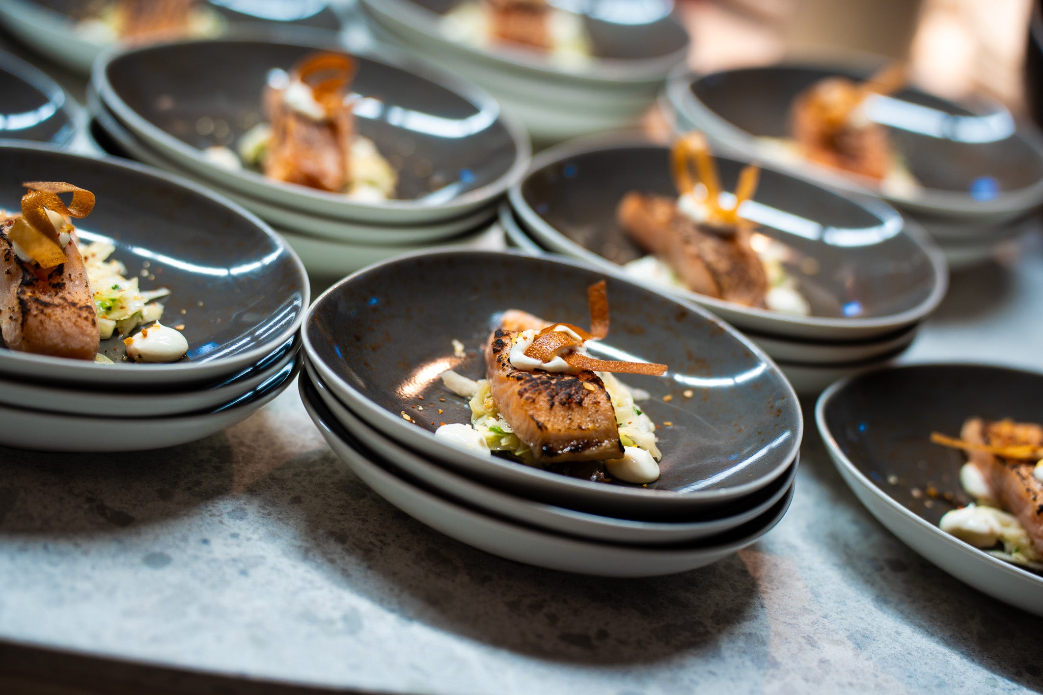 Fried fish fillets on greens and sauce, garnished on dark plates - exquisitely presented, precisely prepared in Fissler cookware.