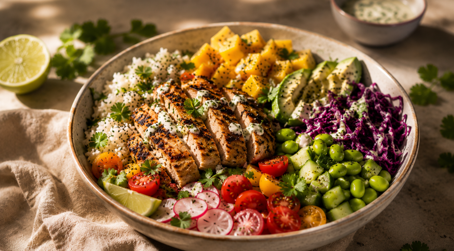 Bunte Hähnchen Summer Bowl mit Mango und Avocado