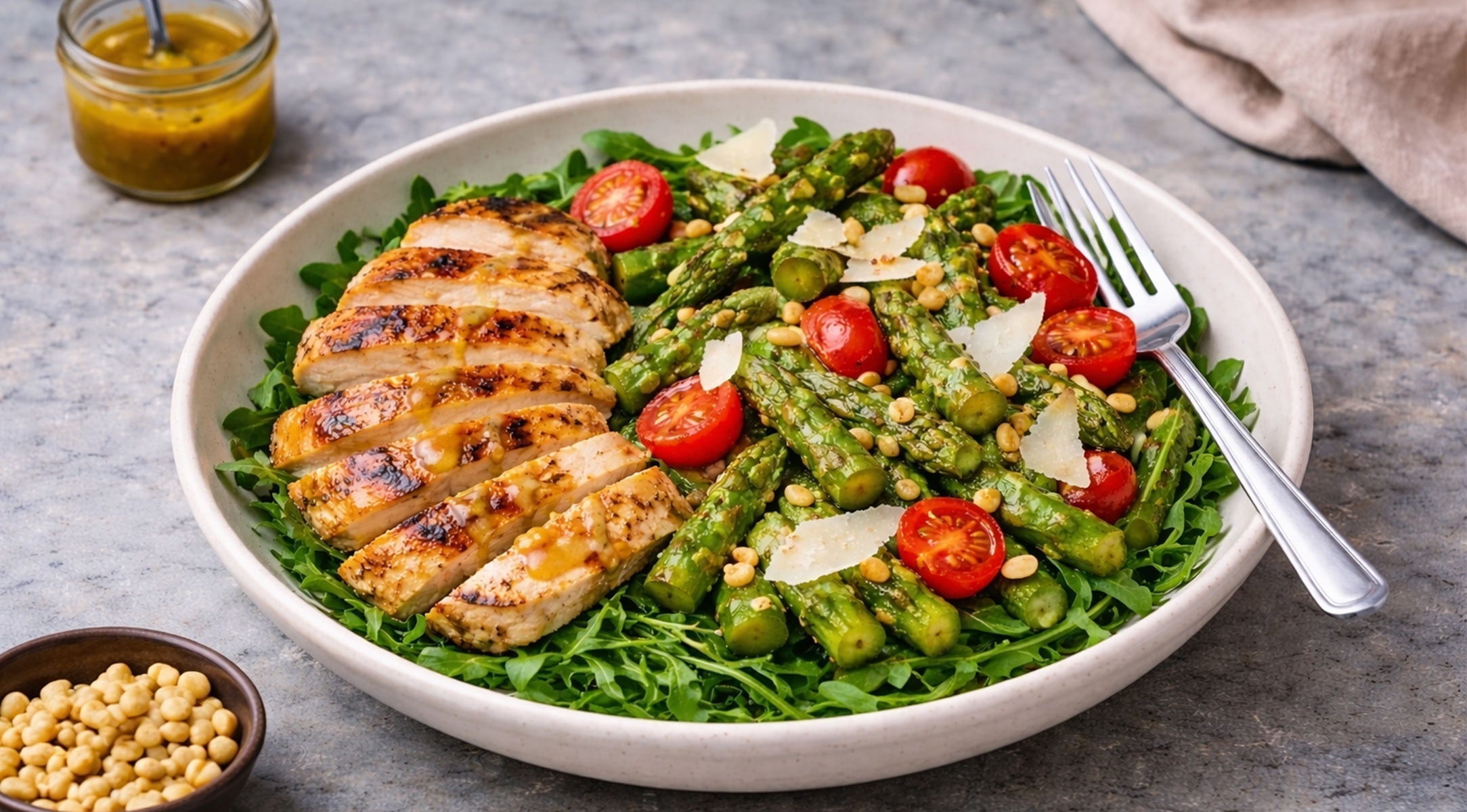 Grüner Spargelsalat mit saftiger Hähnchenbrust, Parmesan & Honig-Senf-Dressing
