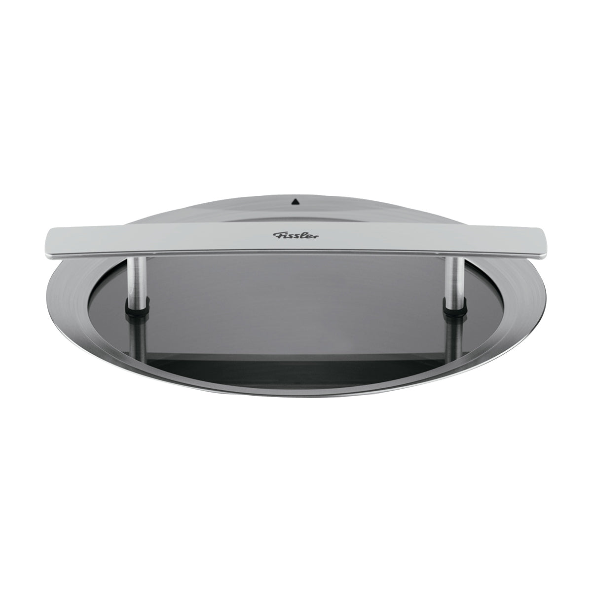 Fissler Phi Glasdeckel 24 cm, Edelstahl und Glas, mit Logogriff - zeitloses deutsches Design für Kochtopf. Ansicht von oben.