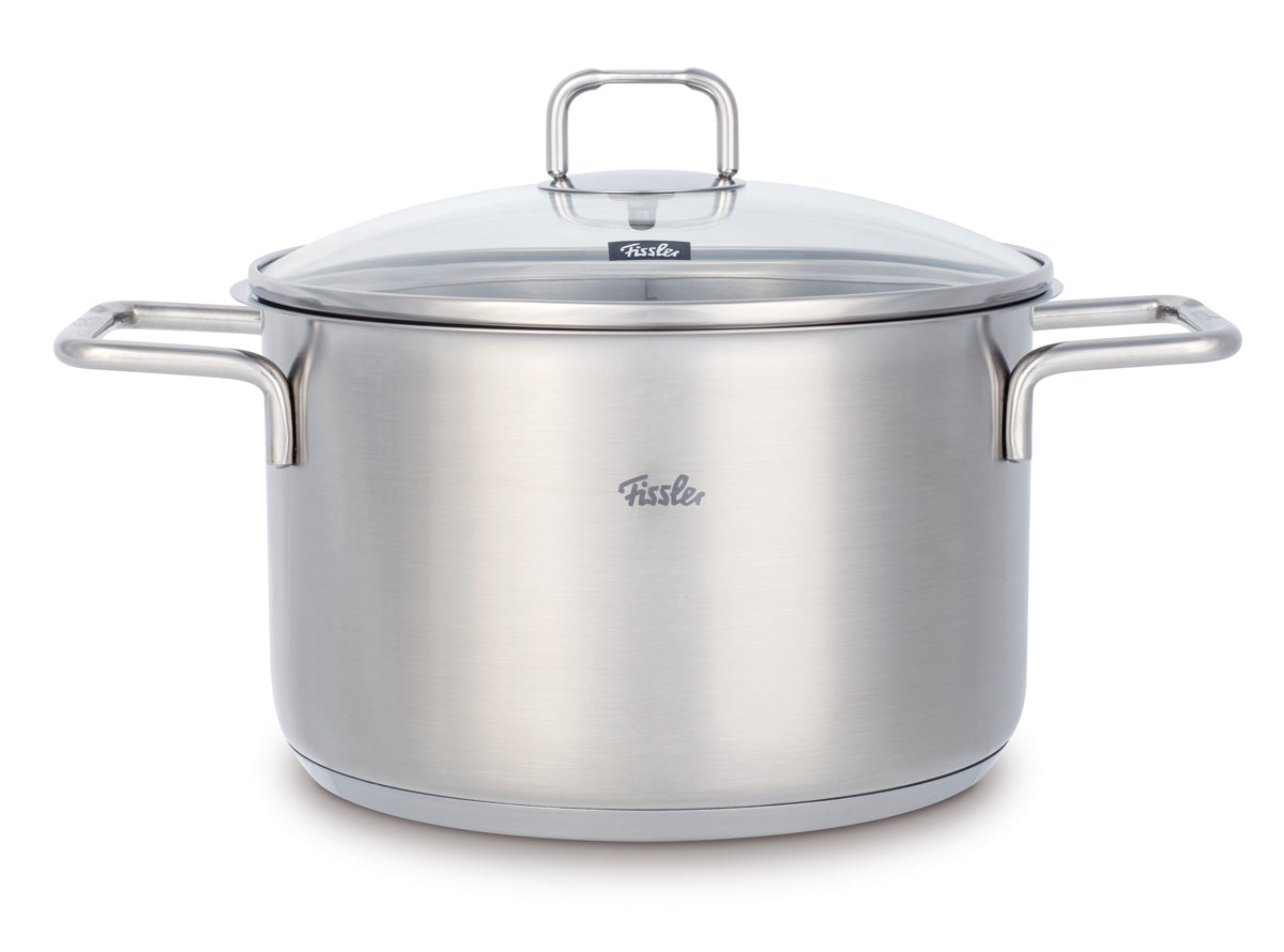 Fissler SatiTherm 5-piece stainless steel pot set, timeless design, with glass lids and logo, shown on a white background.