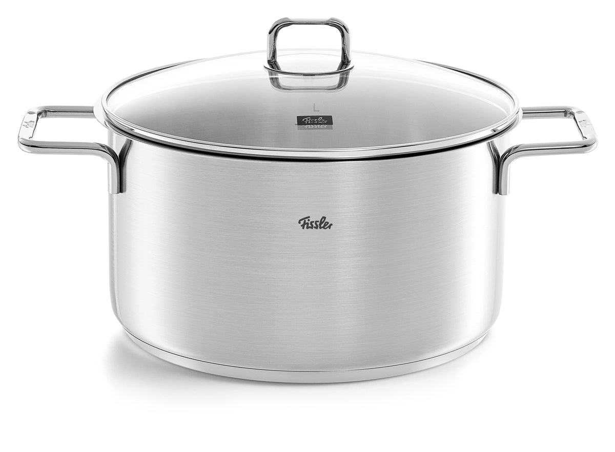 Fissler SatiTherm 5-piece stainless steel pot set with glass lids, side handles, and visible logo. Induction compatible. Made in Germany.