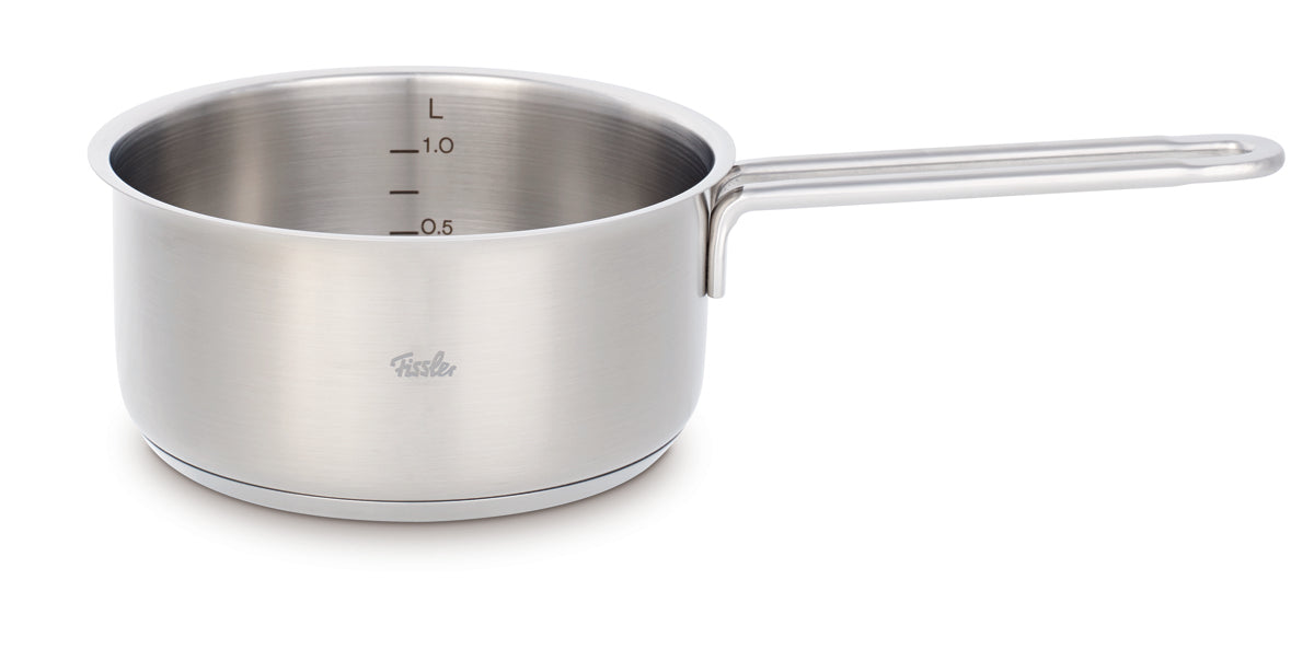Fissler SatiTherm 5-pc. Set: durable stainless steel pots made in Germany, glass lids, suitable for induction, timeless design, 1.5L marking.