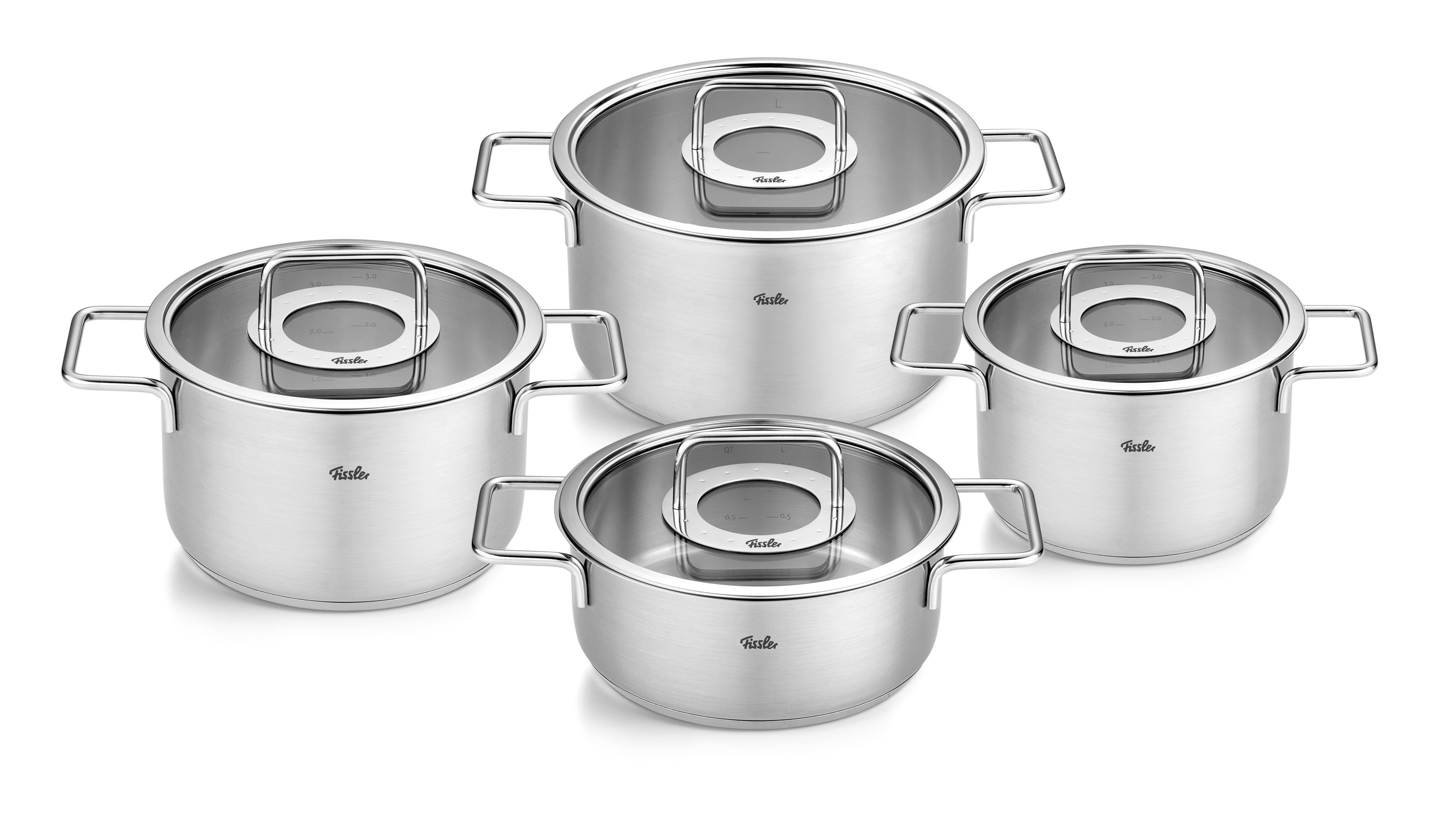 Fissler Pure Collection® Topfset: 4 Edelstahl-Töpfe (16/20/24 cm) mit Glasdeckel, Metallgriffe - zeitloses Design, Made in Germany.