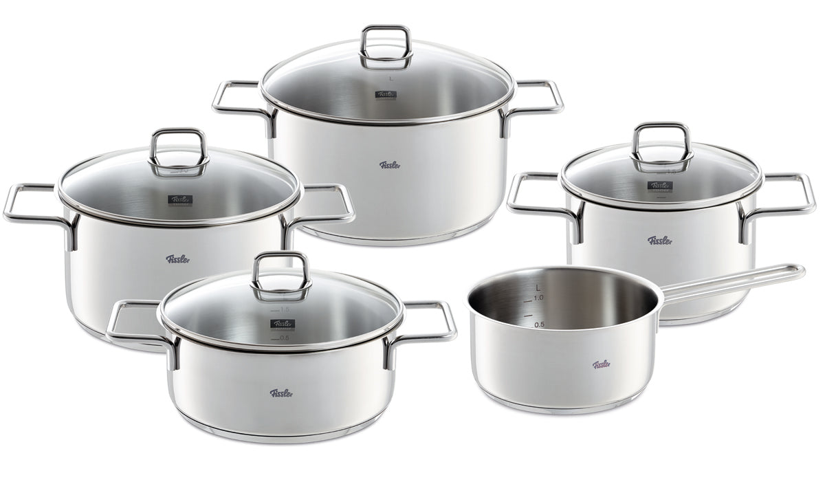 Fissler LumiTherm 5-teiliges Topfset aus Edelstahl mit Glasdeckeln - präzises deutsches Design, Langlebigkeit und moderne Funktionalität.