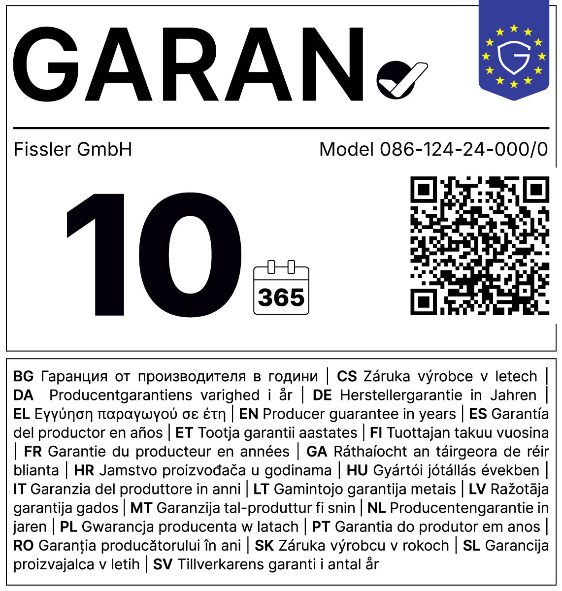 GARAN-Siegel für 10 Jahre Garantie Jahre freiwillige Herstellergarantie.