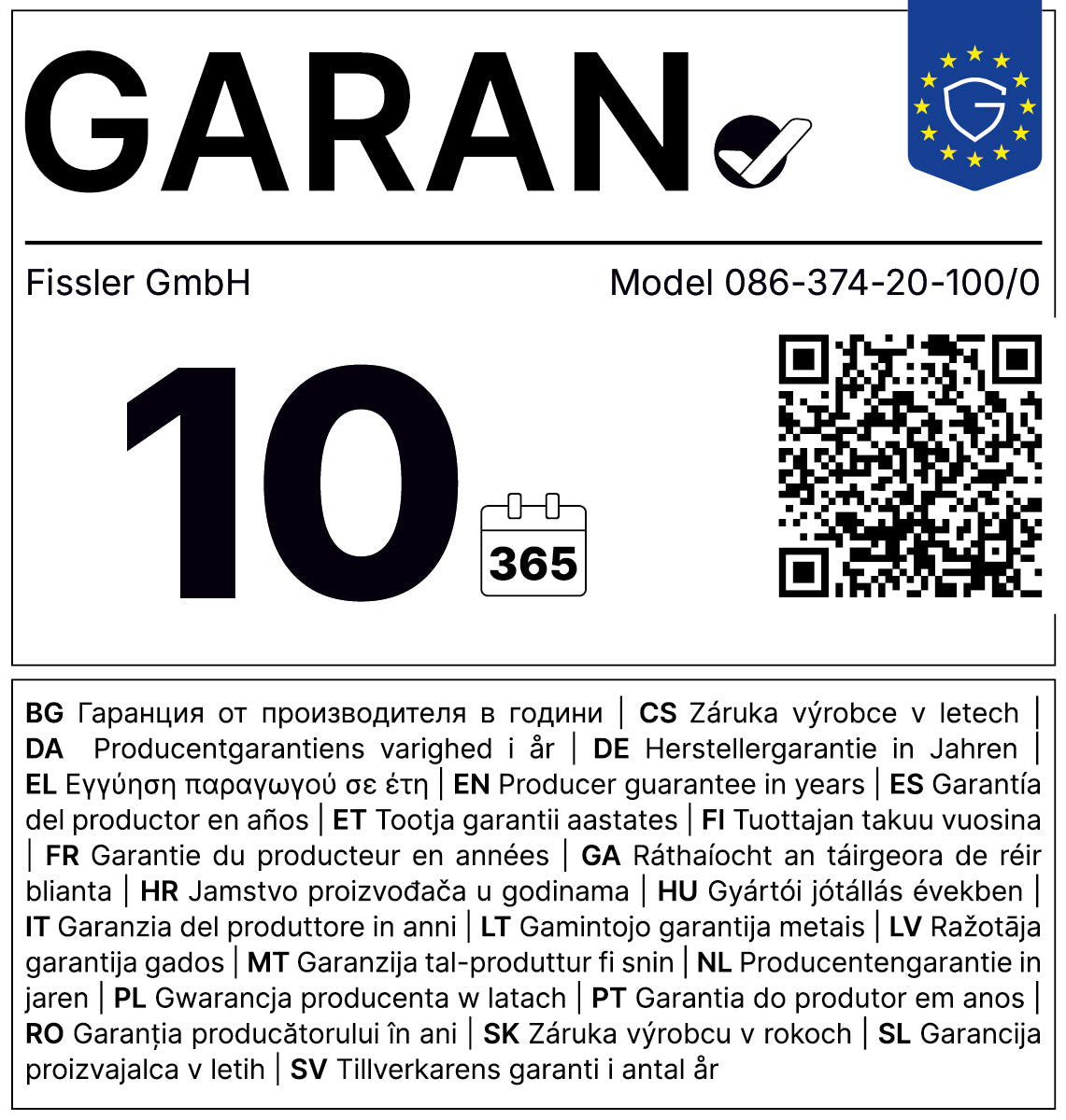 GARAN-Siegel für 10 Jahre Garantie Jahre freiwillige Herstellergarantie.