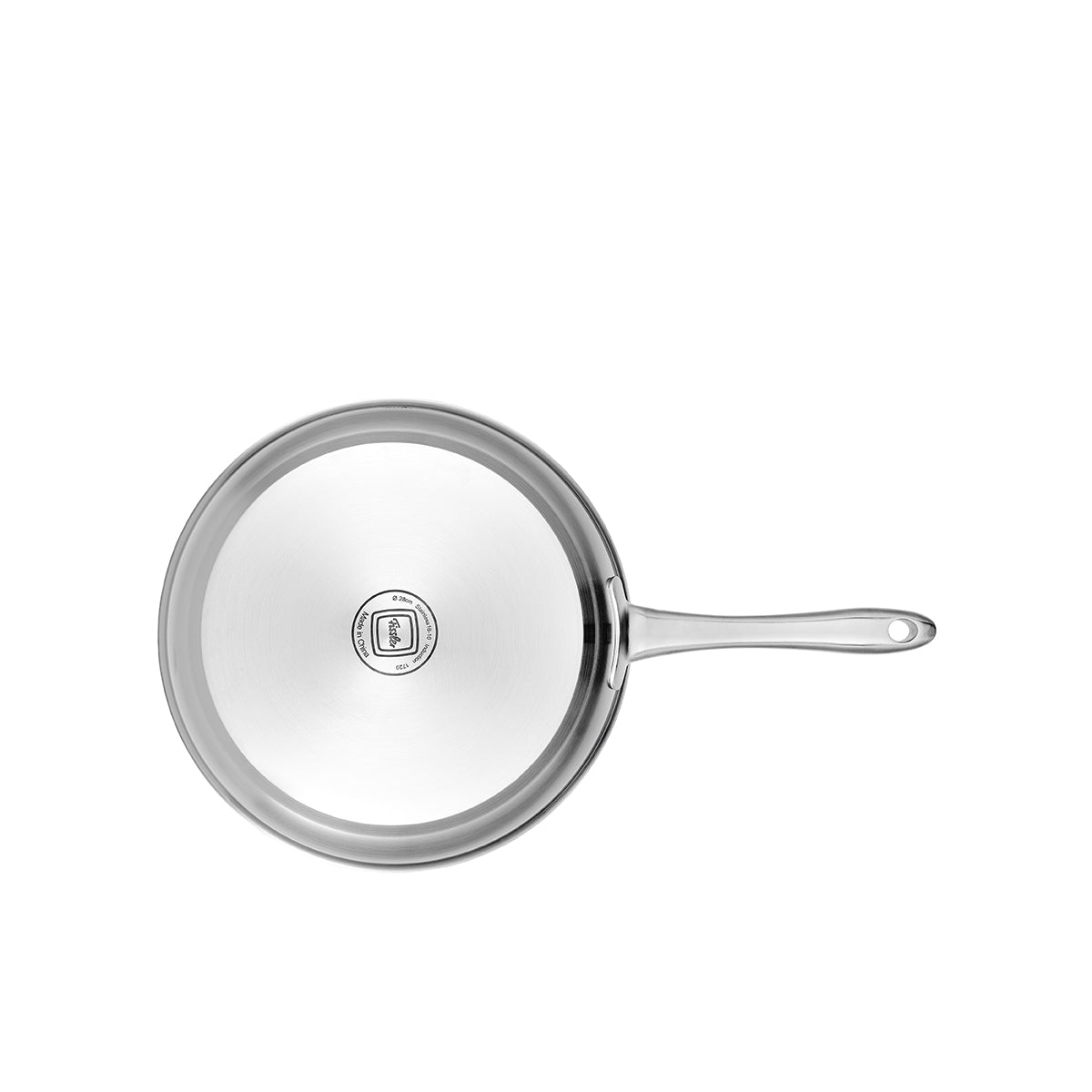 Draufsicht auf das 2-teilige Pfannenset „Catania“ von Fissler: hochwertiger Edelstahl, langer Griff, elegante Oberfläche, charakteristisches Logo am Boden.