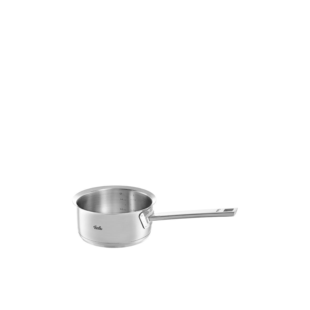 Fissler Original-Profi Collection® 4-piece stainless steel pot set with metal lids, interior markings, and long handles on white.