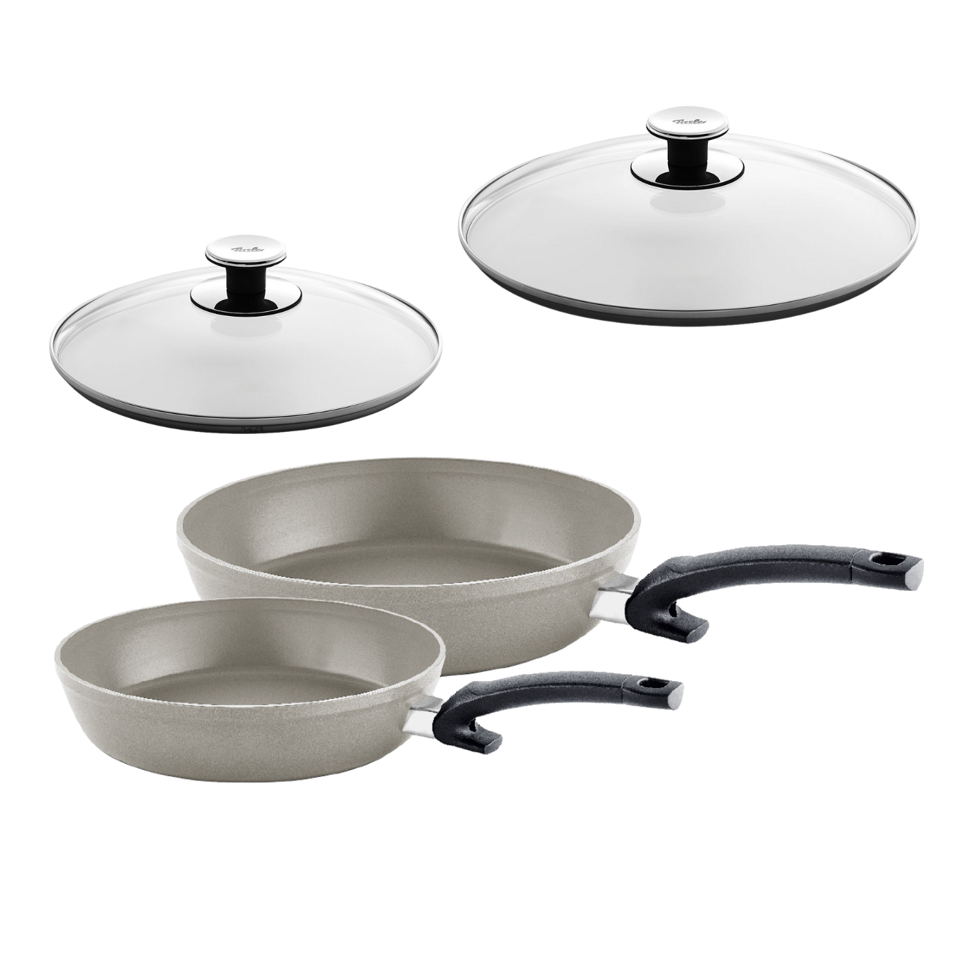 BIOL Gusseisen Pfannen Set 26 cm 28 cm mit Glasdeckeln - 2- teilig - Mit abnehmbaren Holzgriffen - Für Induktion, Gas, Ceran, Grill & Backofen geeignet (Set 26/28 cm Deckel