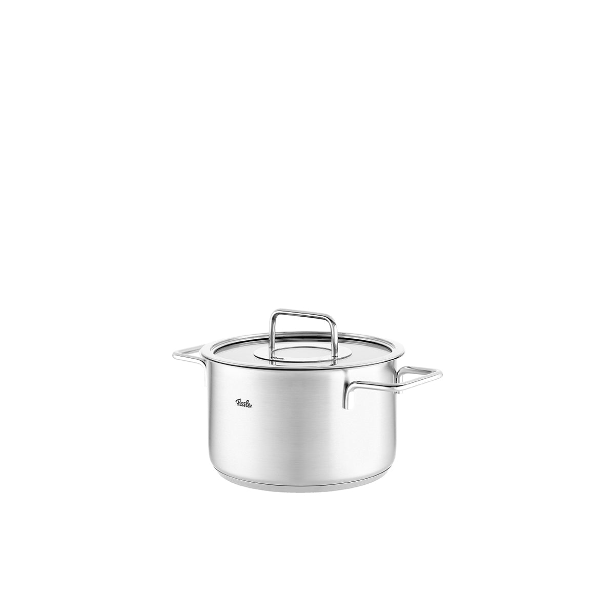 Fissler Pure Collection® 4-teiliges Topfset in 16/20/24 cm mit Glasdeckeln, Premium-Edelstahl auf Weiß, Qualität aus deutscher Produktion.