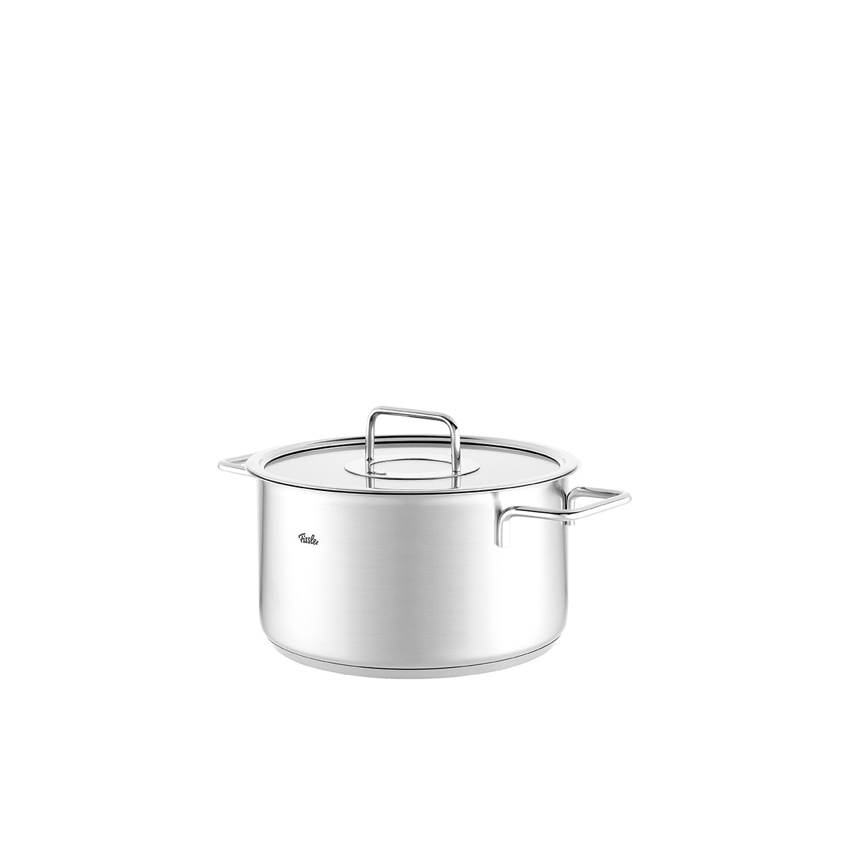 Fissler Pure Collection® Topfset 4-tlg. aus Edelstahl mit Glasdeckeln und seitlichen Griffen, abgebildet auf weißem Hintergrund.