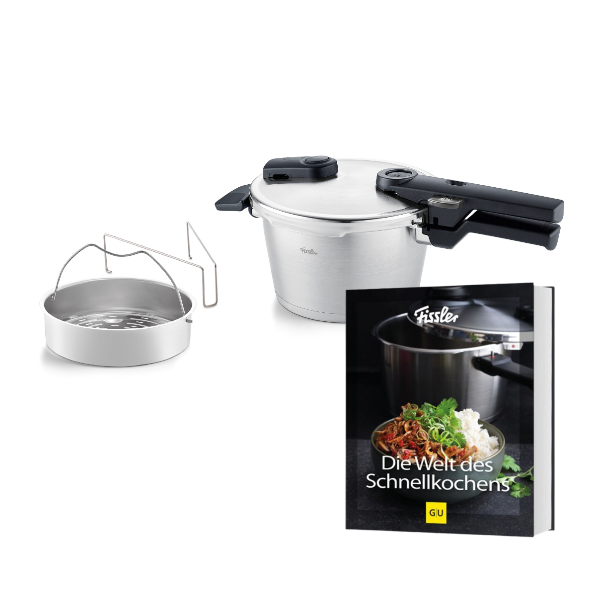Das 2-teilige Vitaquick® Premium-Set von Fissler, der Traditionsmarke seit 1845, umfasst einen präzisionsgefertigten Edelstahl-Schnellkochtopf mit ergonomischem schwarzem Griff, einen robusten Metall-Dämpfeinsatz mit Gitter für vielseitiges Garen sowie das deutsche Kochbuch „Die Welt des Schnellkochens“ mit einem Lebensmittelbild auf dem Einband. Dieses in Deutschland gefertigte Set steht beispielhaft für Fisslers Engagement für Langlebigkeit, Innovation und zeitloses Design.