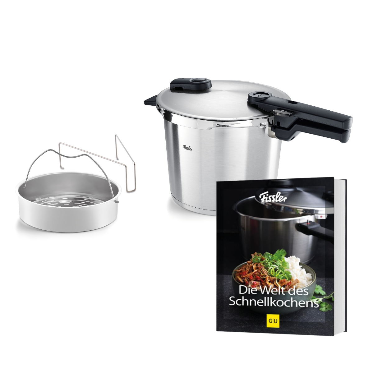 Das Vitaquick® Premium 2-teilige Set mit SKT-Kochbuch von Fissler steht für unsere renommierte deutsche Handwerkskunst. Im Set enthalten sind ein Premium-Edelstahl-Schnellkochtopf mit ergonomischem schwarzem Griff, ein stabiler Metalluntersetzer sowie das exklusive Kochbuch „Die Welt des Schnellkochens“, dessen Cover neben unserem hochwertigen Schnellkochtopf köstliche kulinarische Inspirationen zeigt. Dieses langlebige Set verkörpert Fisslers Tradition der Innovation, der Präzisionstechnik und des