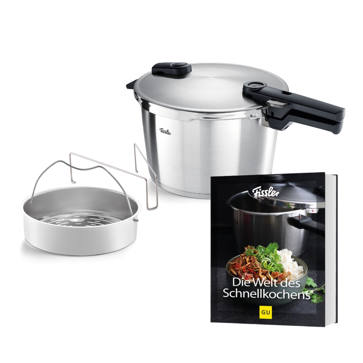 Erleben Sie die Tradition von Fissler mit dem 2-teiligen Vitaquick® Premium-Set inklusive SKT-Kochbuch. Dieses Premium-Set umfasst einen sorgfältig konstruierten Schnellkochtopf aus Edelstahl, der mit ergonomischen schwarzen Griffen für dauerhaften Komfort ausgestattet ist, sowie einen praktischen Dämpfeinsatz. Ebenfalls enthalten ist „Die Welt des Schnellkochens“, unser deutschsprachiges Kochbuch, dessen Cover ein farbenfrohes Gericht aus Nudeln und Gemüse zeigt. Dieses seit 1845 in Deutschland gefertigte