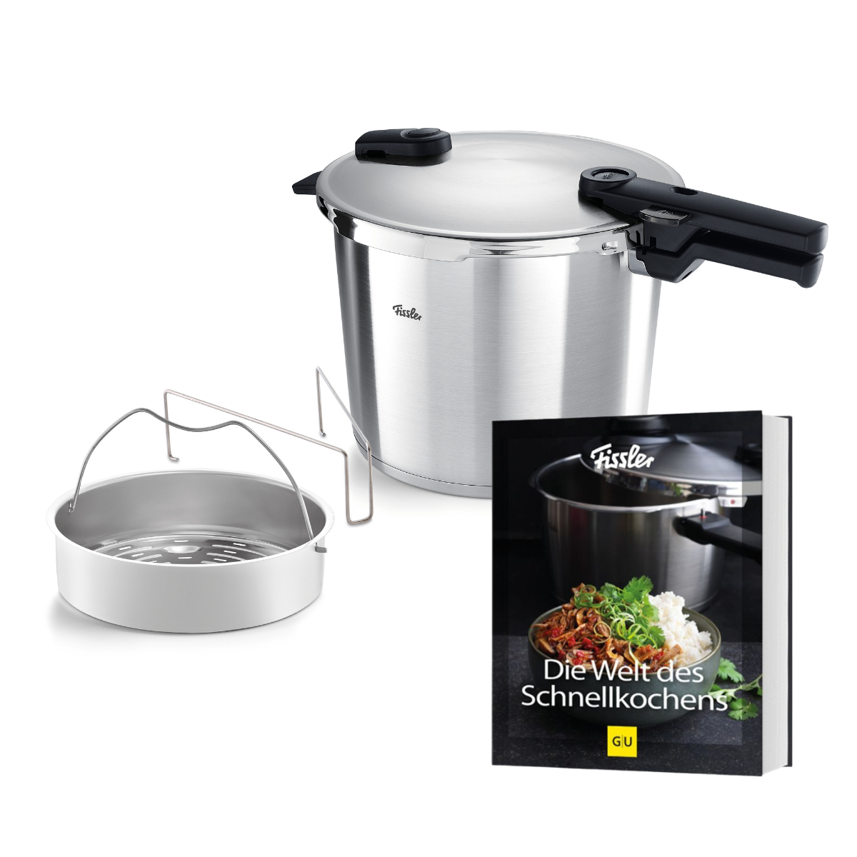 Fissler Vitaquick® Premium 2-teiliges Set mit SKT-Kochbuch, bestehend aus einem Schnellkochtopf aus poliertem Edelstahl mit dem charakteristischen schwarzen Griff, einem stabilen Metallrost, einem Dämpfeinsatz und dem deutschen Kochbuch „Die Welt des Schnellkochens“, auf dessen Cover ein farbenfrohes Nudel-Gemüse-Gericht abgebildet ist. Dieses traditionsreiche Fissler-Set, das seit 1845 in Deutschland hergestellt wird, steht für Präzisionstechnik, Langlebigkeit und zeitloses Design – und bietet innovative