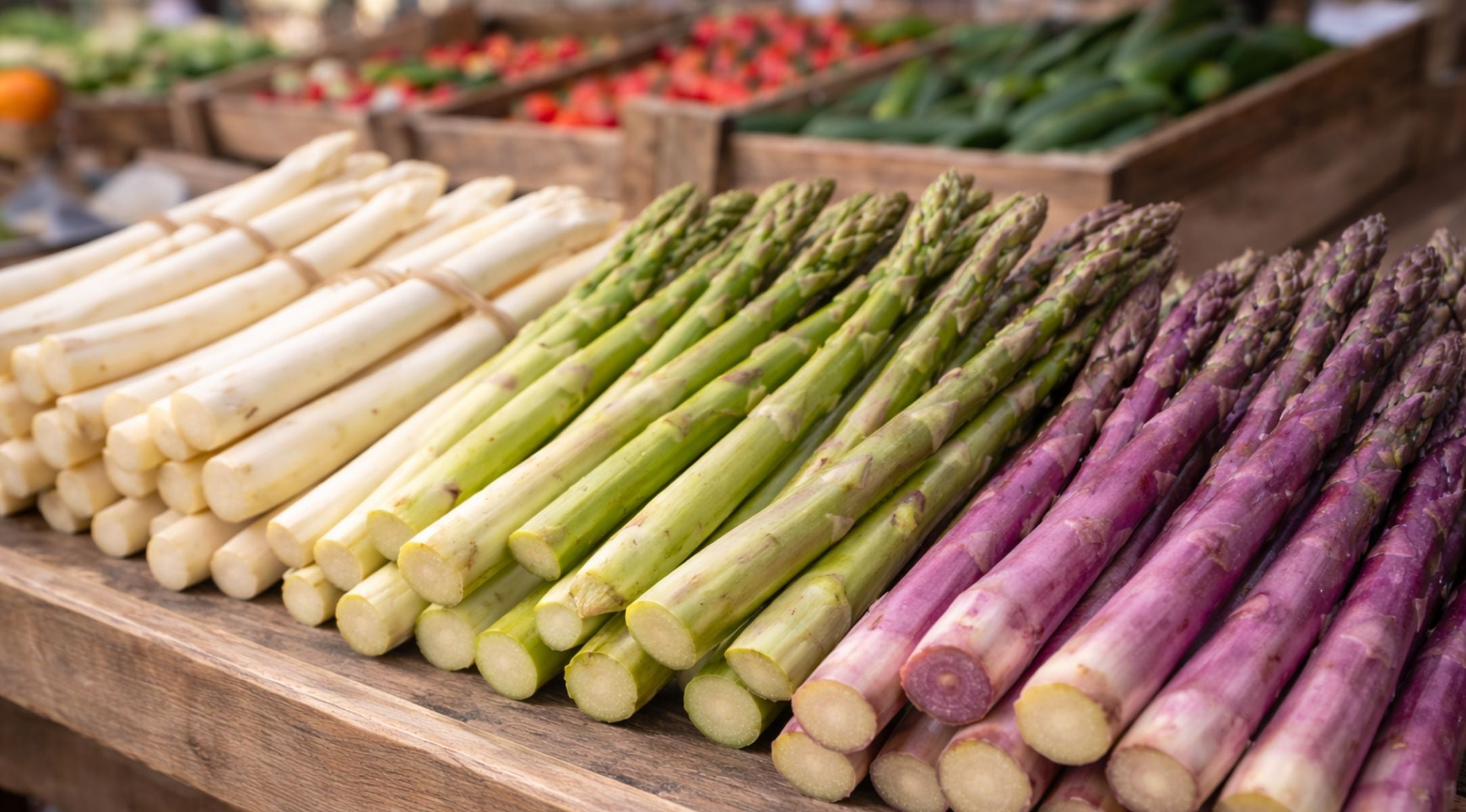 Fresh white, green, and purple asparagus on a rustic stand, reminiscent of Fissler's precision cookware for preparing premium vegetables.