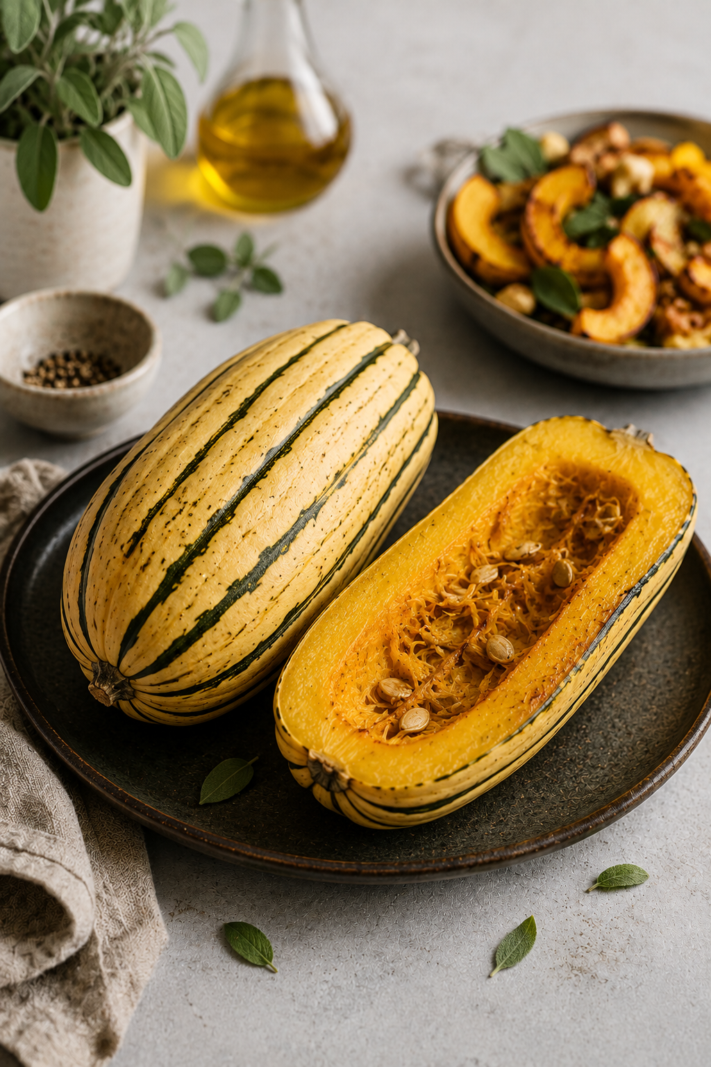 Ein ganzer und ein halbierter Delicata-Kürbis liegen auf einem dunklen Teller und geben den Blick auf ihre leuchtenden Kerne frei – dazu eine Schüssel mit gekochtem Kürbis, hochwertigem Öl, frisch gemahlenem Pfeffer und duftenden Kräutern. Eine Szene, die die Kunst des Kochens mit den meisterhaft gefertigten Kochgeschirren von Fissler unterstreicht und deutsche Präzision sowie zeitloses Design für jede kulinarische Kreation widerspiegelt.
