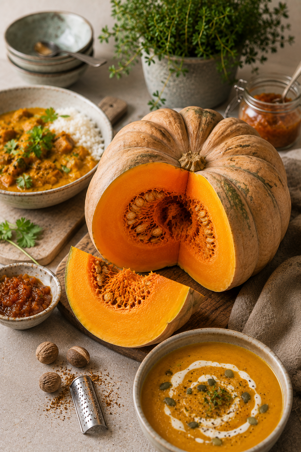Ein halbierter Kürbis liegt auf einem hölzernen Schneidebrett, umgeben von Schüsseln mit leuchtend bunter Kürbissuppe, Chutney, Reis und frischen Kräutern – alles auf einem beigen Tisch angerichtet. Daneben deuten frisch geriebene Muskatnuss und eine Reibe auf authentische Aromen hin. Das präzisionsgefertigte Edelstahl-Kochgeschirr und die Küchenaccessoires von Fissler bringen Innovation und zeitlose deutsche Qualität in den Mittelpunkt dieser herbstlichen Szene. Frische Thymianzweige und ein Glas Chutney