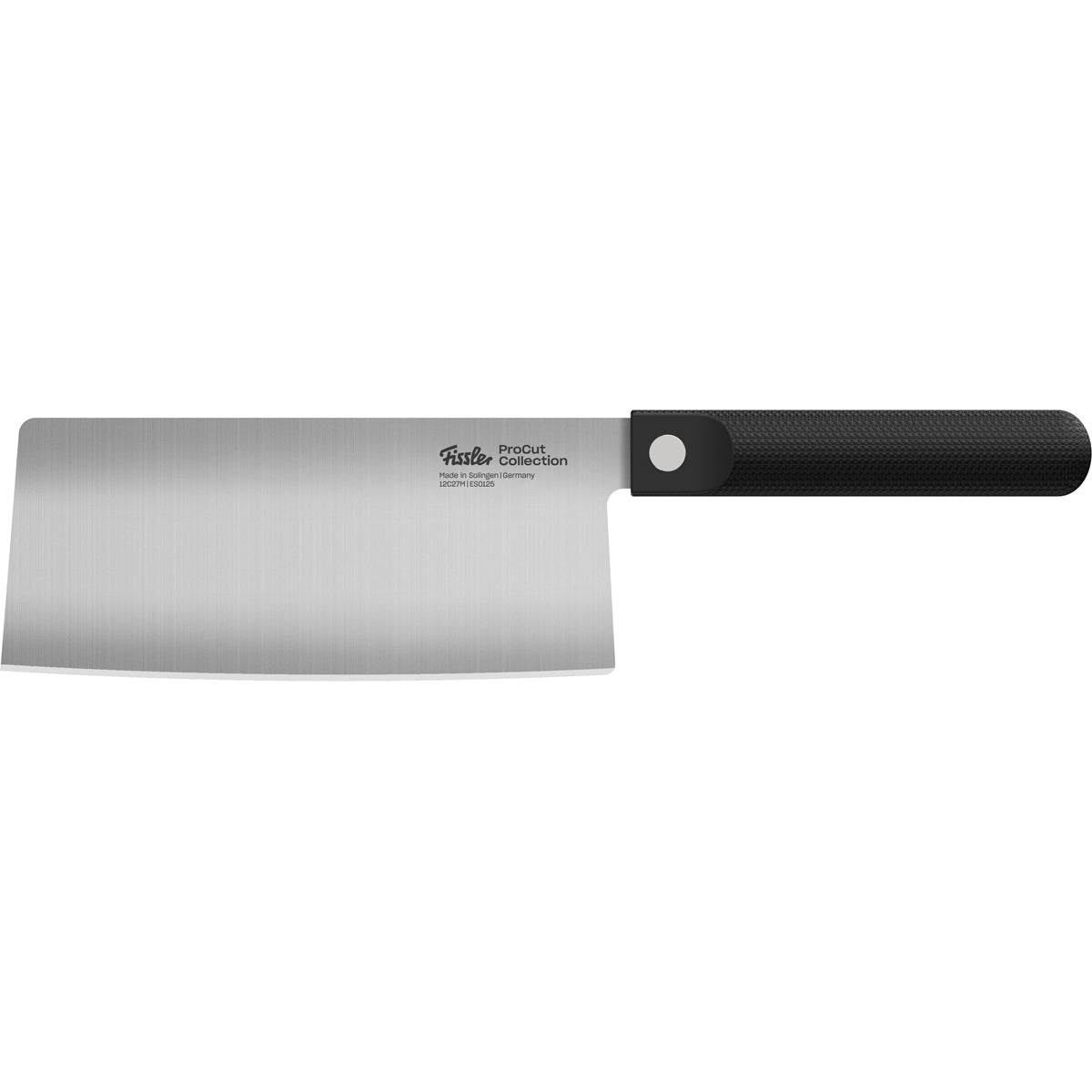 Fissler stainless steel cleaver with wide blade and textured handle, showing German craftsmanship on a white background.