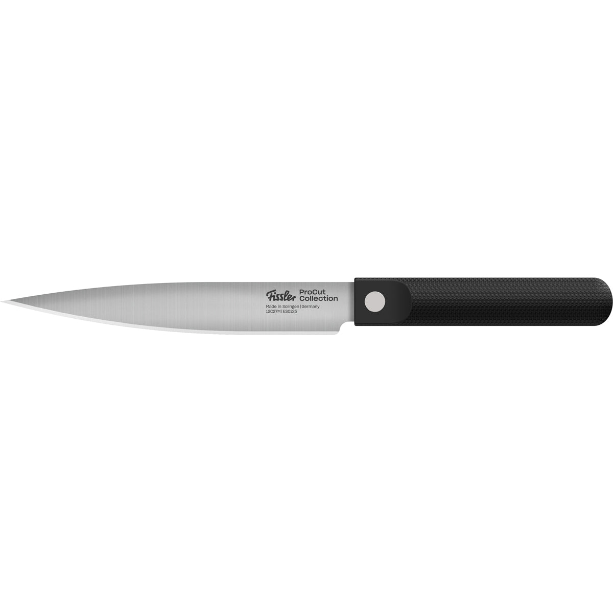 A Fissler stainless steel kitchen knife with a long, narrow blade and a textured black handle, pictured on a white background.