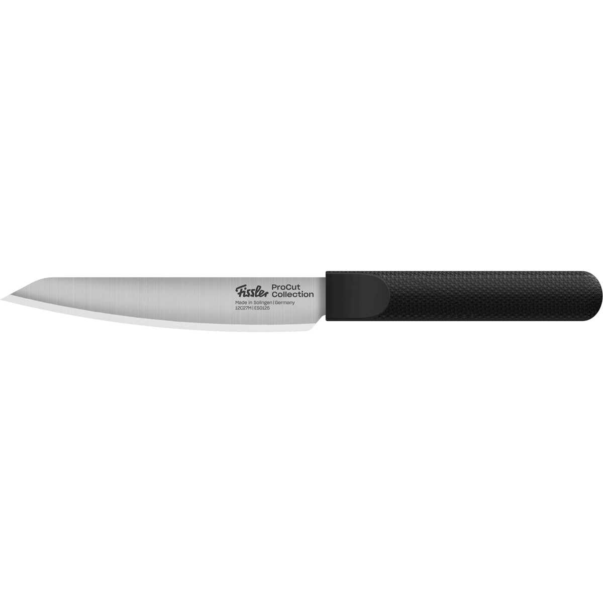 Fissler stainless steel paring knife with straight blade, textured black handle, engraved Fissler logo. Precision-made in Germany.