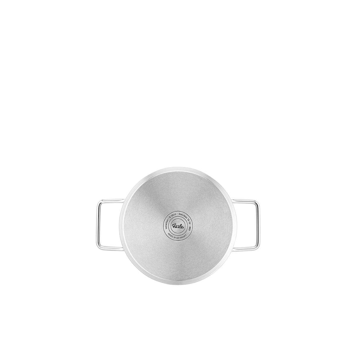 Draufsicht auf den 4-teiligen Fissler Pure Collection®-Edelstahltopf, Glasdeckel mit Logo, moderne Griffe. Zeitloses deutsches Design.