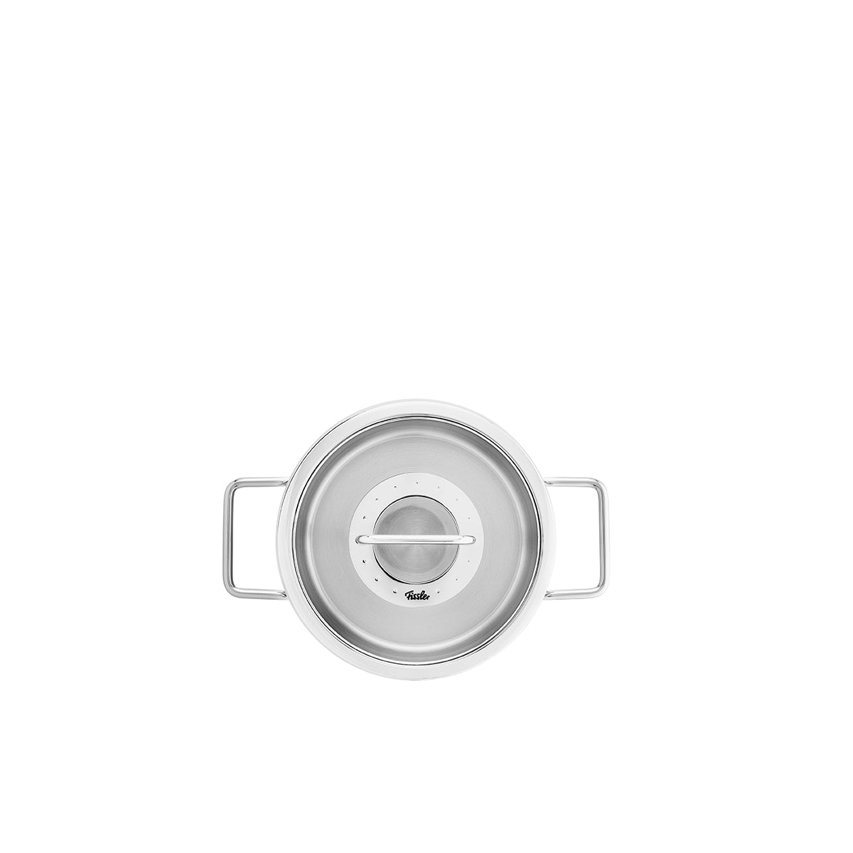 Fissler Pure Collection® Topfset 4-tlg. aus Edelstahl mit Glasdeckeln, modern und funktional, von oben auf Weiß gezeigt.